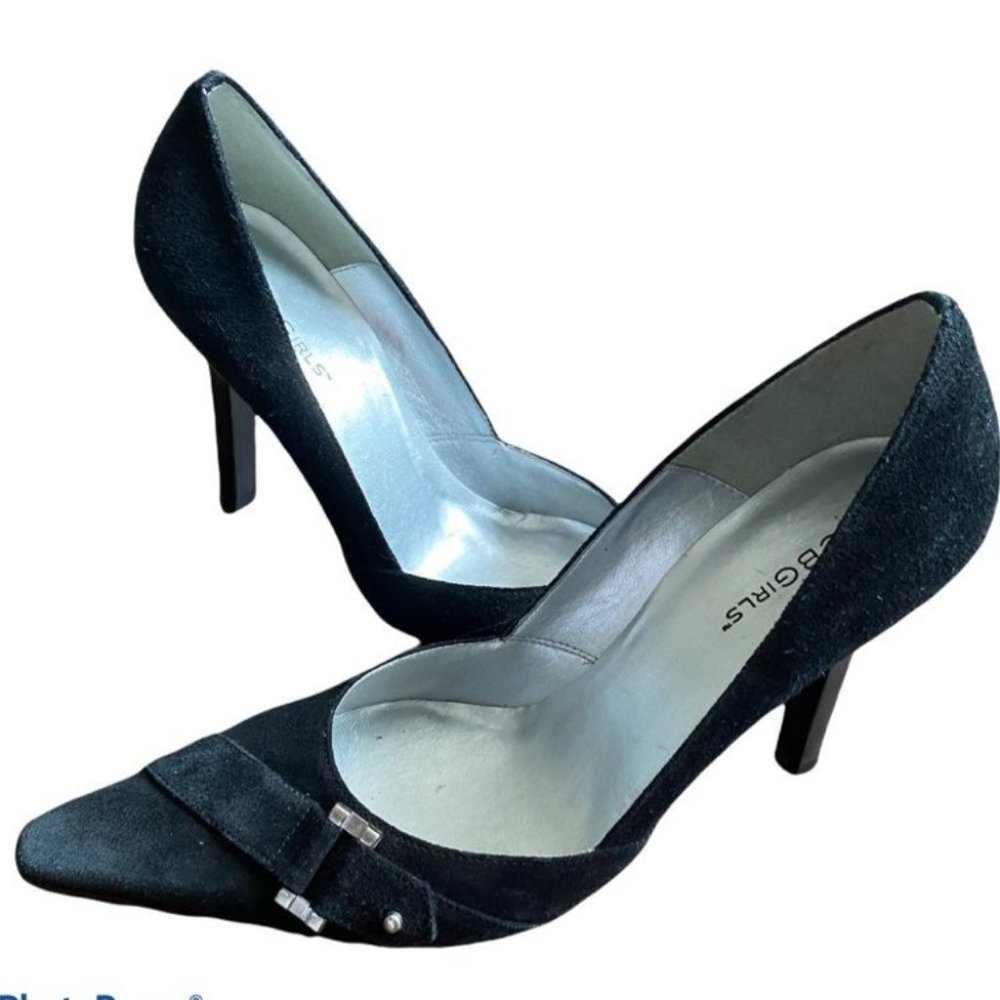 BCBGirls Office Siren Black Suede Pointed Toe Silver Buckle Pumps Size 39 Womens